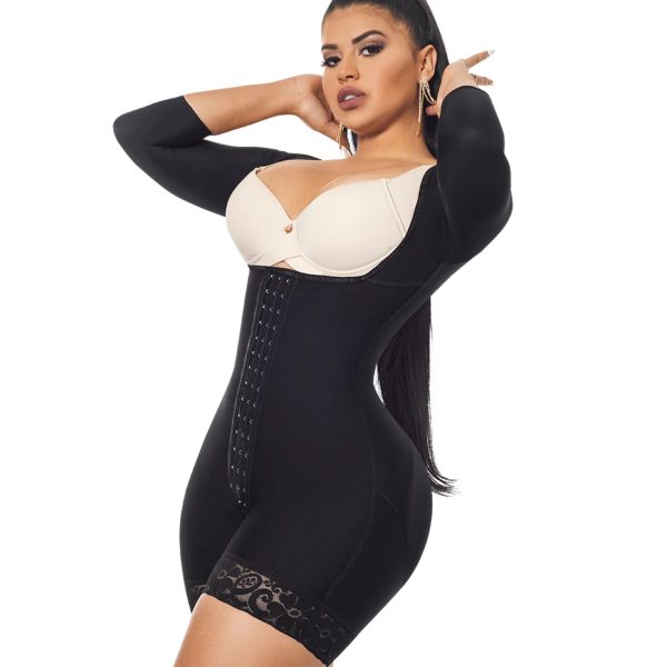 Open Bust Bodysuit Mid Thigh - Long Sleeves - Center Clasps - Perineal Zipper - Black Ref O-215